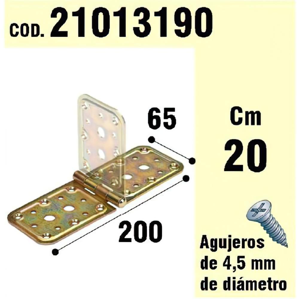 Soporte / Palomilla para madera bisagra bicromatado. - Medida: 65x200 mm. - Bisagra bicromatado. - Realizado en metal.